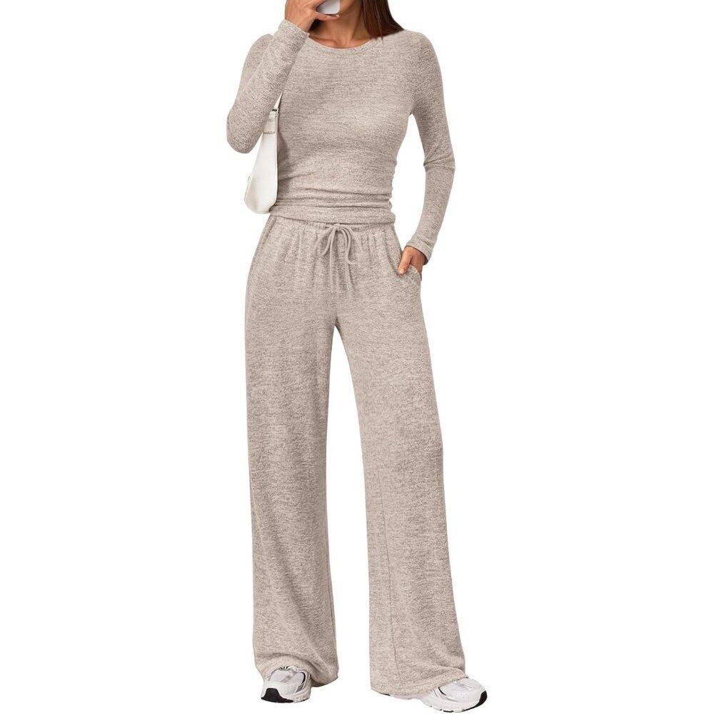 Women's Rayon Blend 2-Piece Lounge Set Wide-Leg Pants Crewneck Top Casual